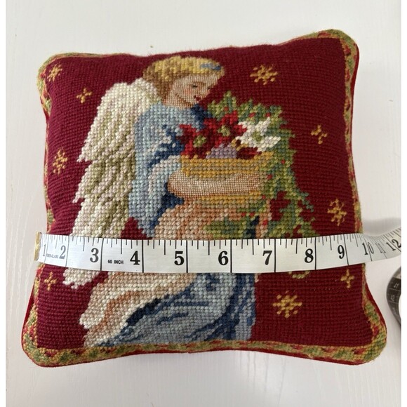 Christmas Holiday Throw Pillow Needlepoint Angel 10” Square Small Red - Picture 5 of 9